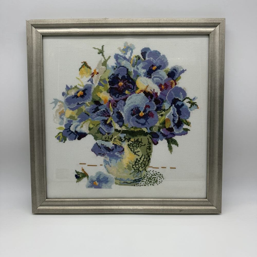 Framed Pansy Floral Cross Stitch Needlework Blue Purple Flowers 17” Wall Art
